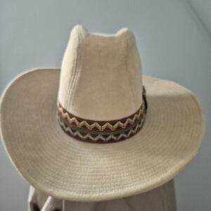 Vintage Beco Tan Western Stampede Cotton Cowboy Hat w/ Brown Band Sz M